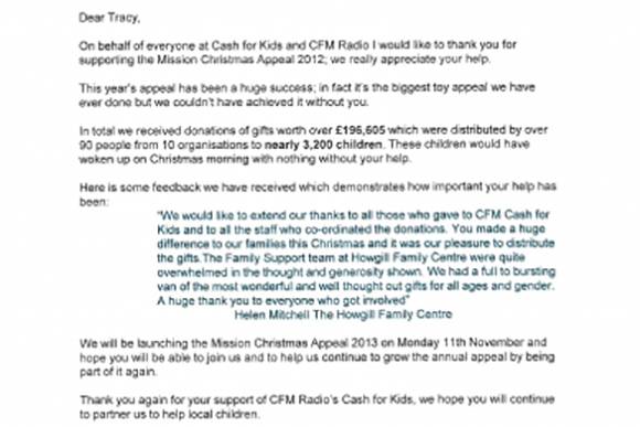 Thanks received from CFM Radio & Cash for Kids